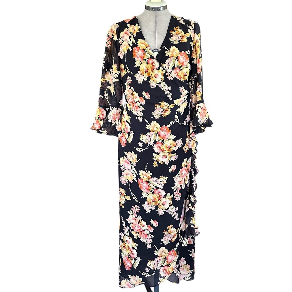 Spenser Jeremy Silk Floral Wrap Dress Black Pink Green 100% Silk Sz 10